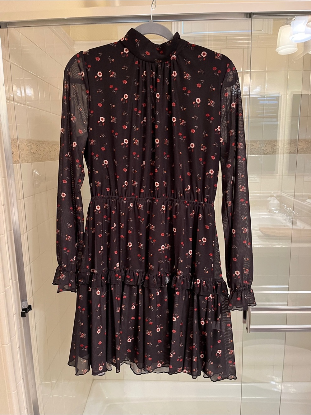 Black Floral Long-Sleeve Ruffle Tiered Dress